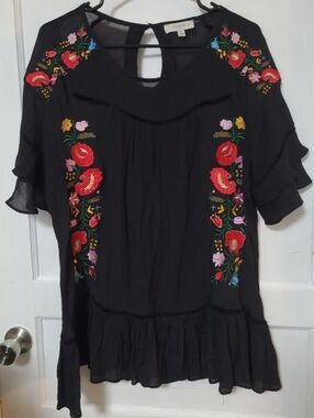Umgee Black Embroidered Floral Peasant Boho Blouse